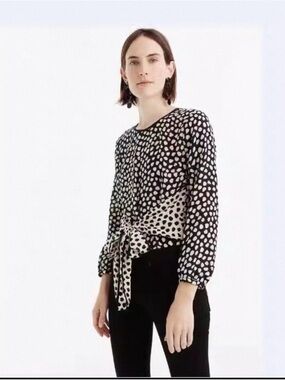 J. Crew Black & White Polka Dot Tie-Front Silk Blouse